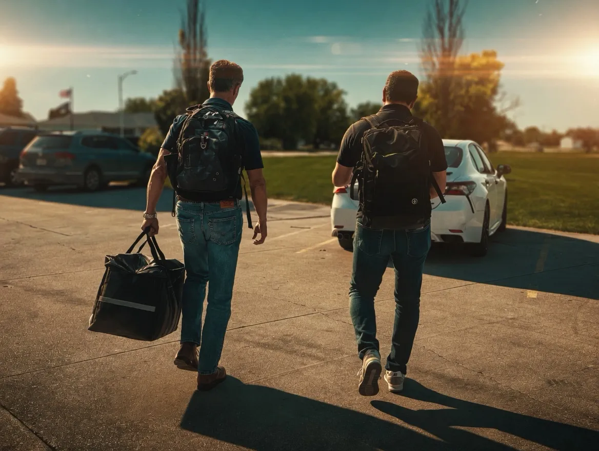 Copilot Health team members walking at golden hour between workshop stops